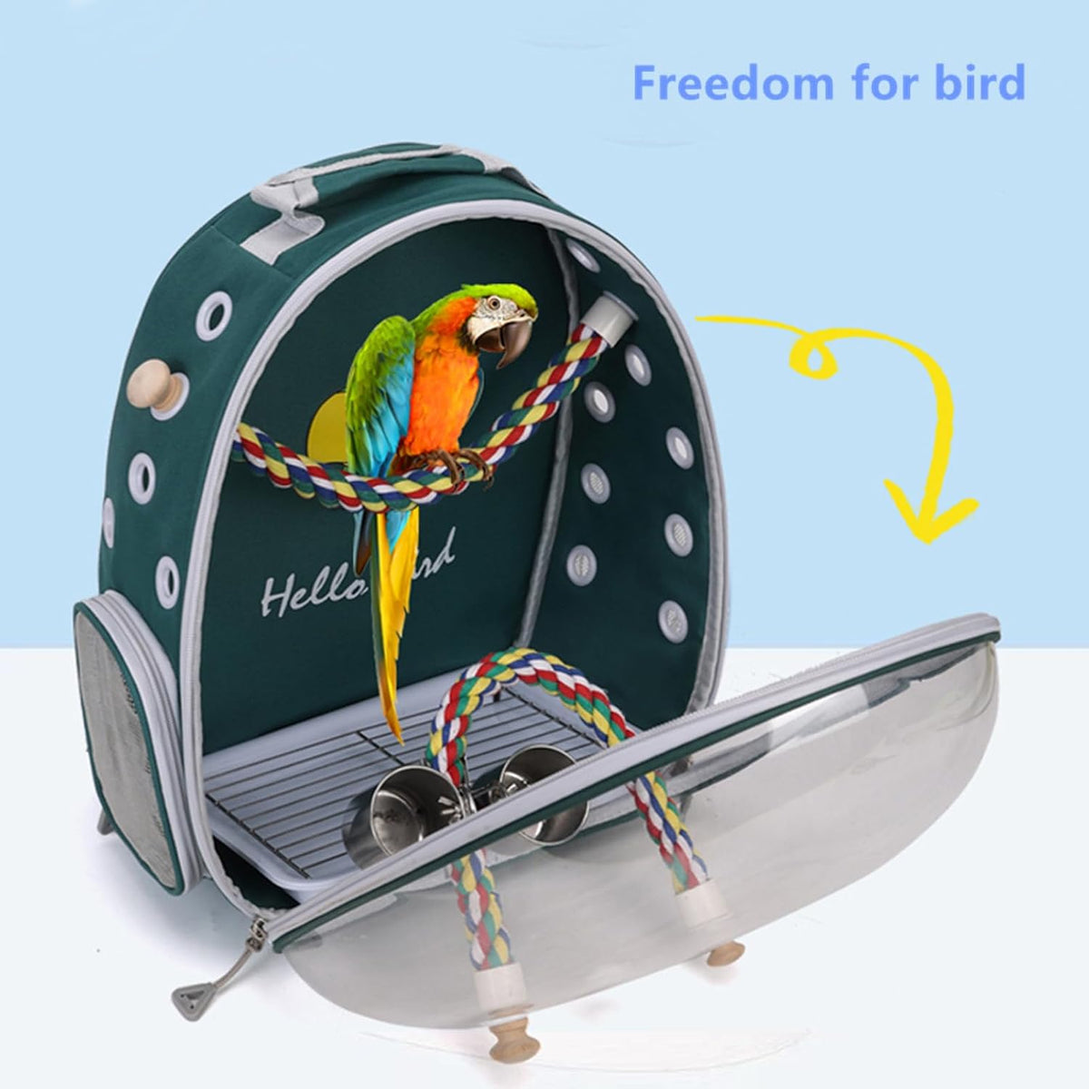 bird traval carrier cage backpack for carry parakeet shown in use