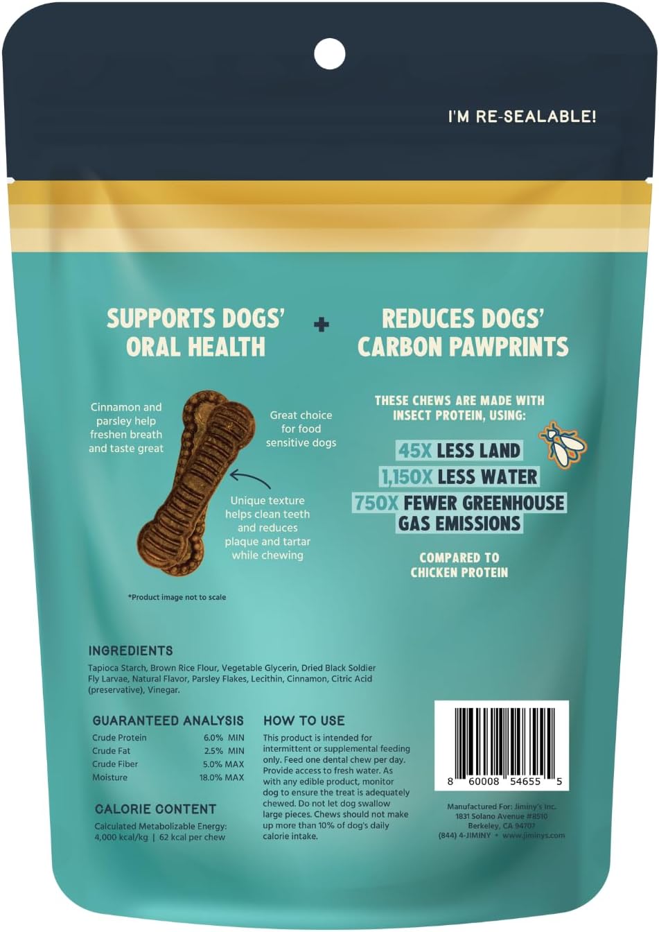 jiminy's dental chews for dogs,plaque & tartar control shown in use