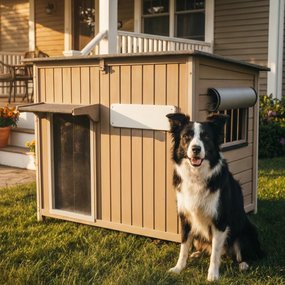 gowoodhut dog house outdoor weatherproof & wooden dog shown in use
