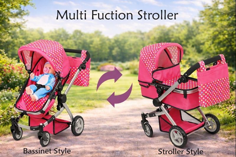 fash n kolor foldable pram for baby doll shown in use