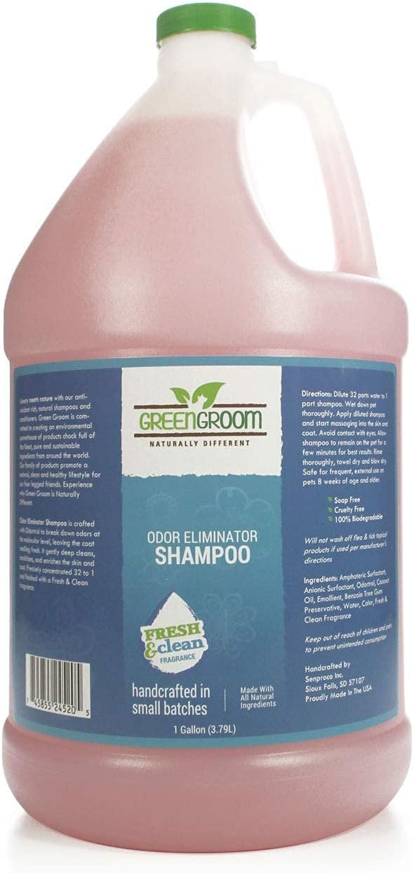 green groom odor eliminator shampoo and green groom shown in use