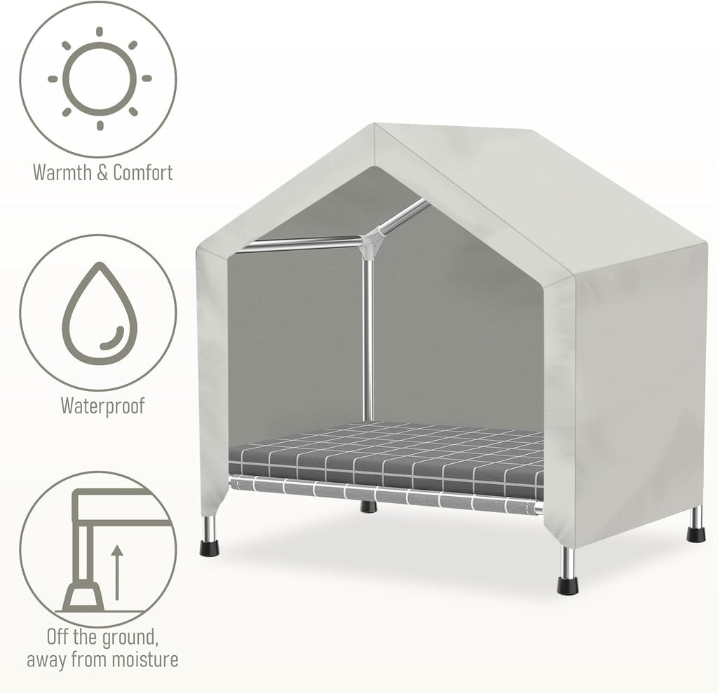 elevated dog house with cushion, stainless steel dog showing dimensions