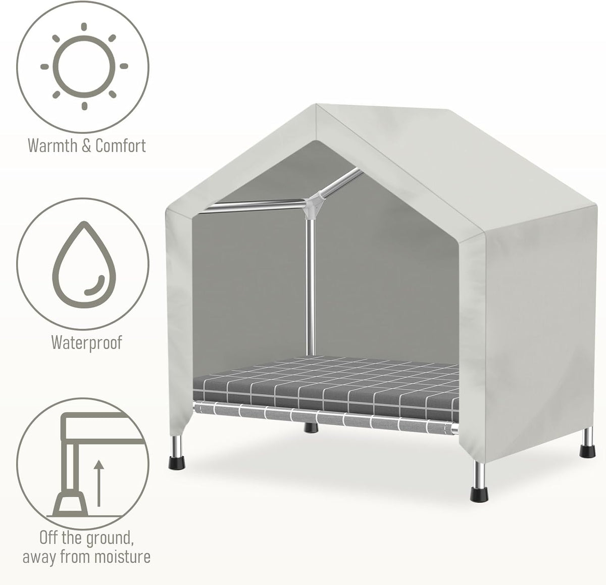 elevated dog house with cushion, stainless steel dog showing dimensions