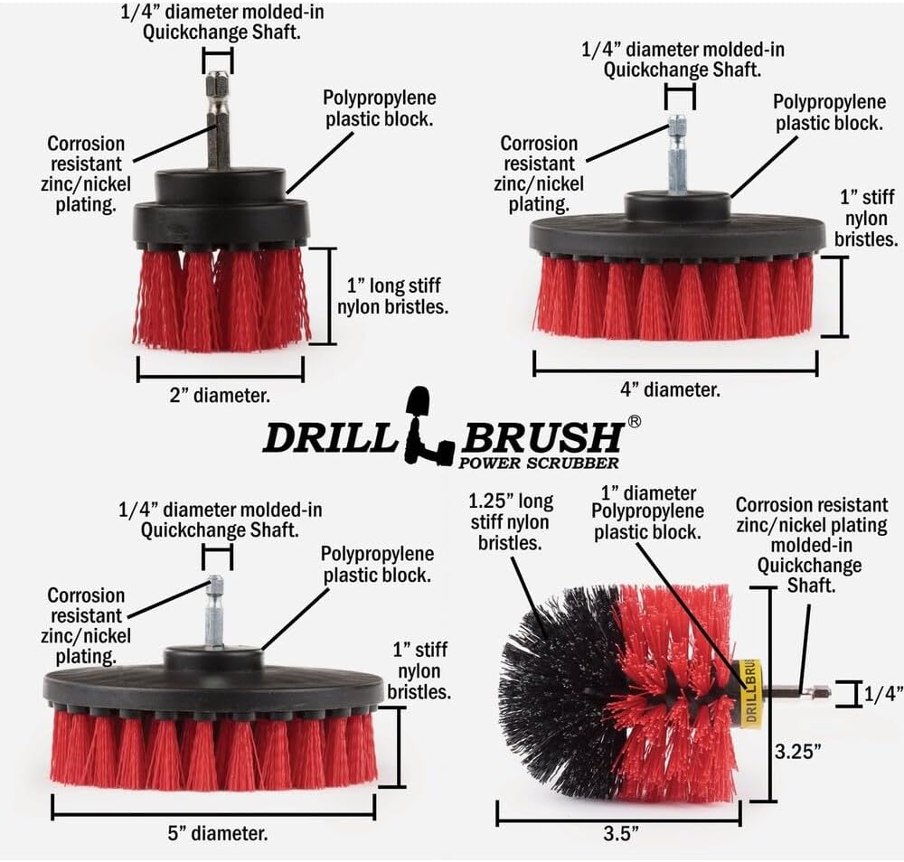 drillbrush heavy duty stiff bristle 4 piece brush, side view