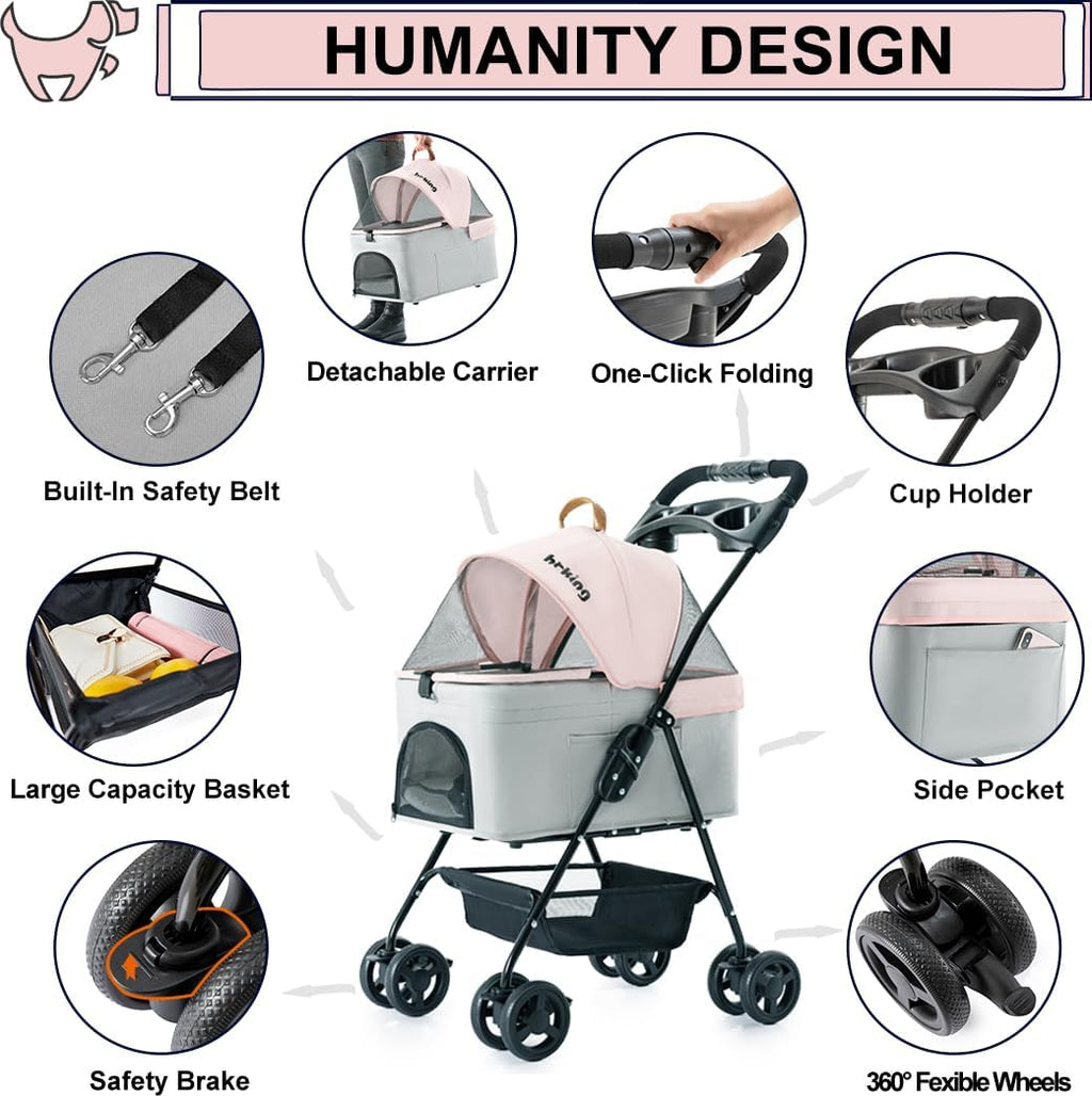 pet stroller with detachable carrier for small dogs&cats, side view