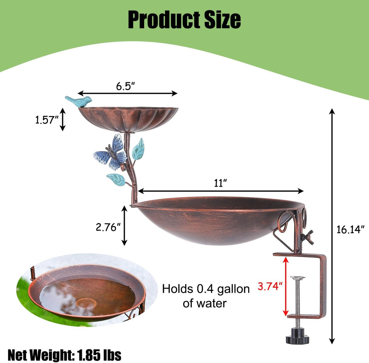 deck mounted bird bath and feeder for balcony, close-up detail