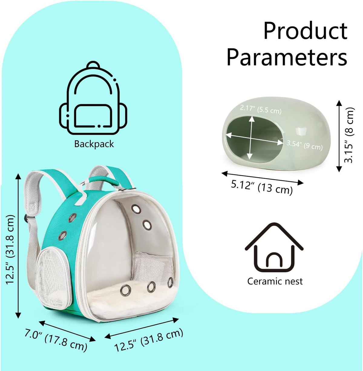 small animal backpack carrier & ceramic hamster hideout shown in use
