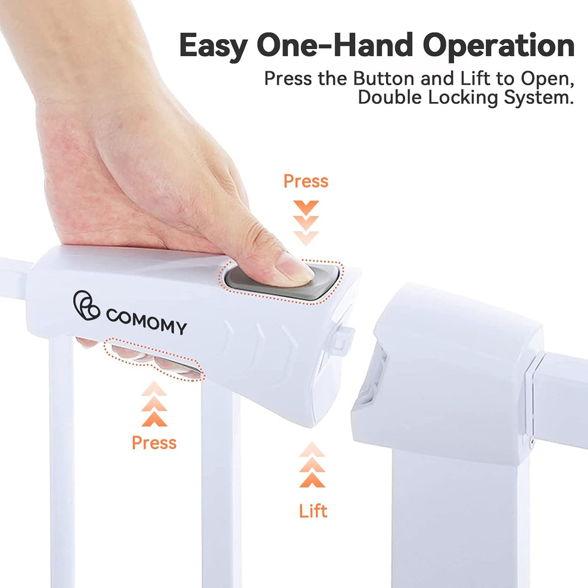 comomy auto close pet gate with cat door showing dimensions