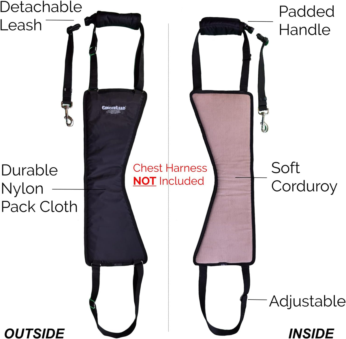 gingerlead® k9 sling hind leg support, m/lg unisex, side view