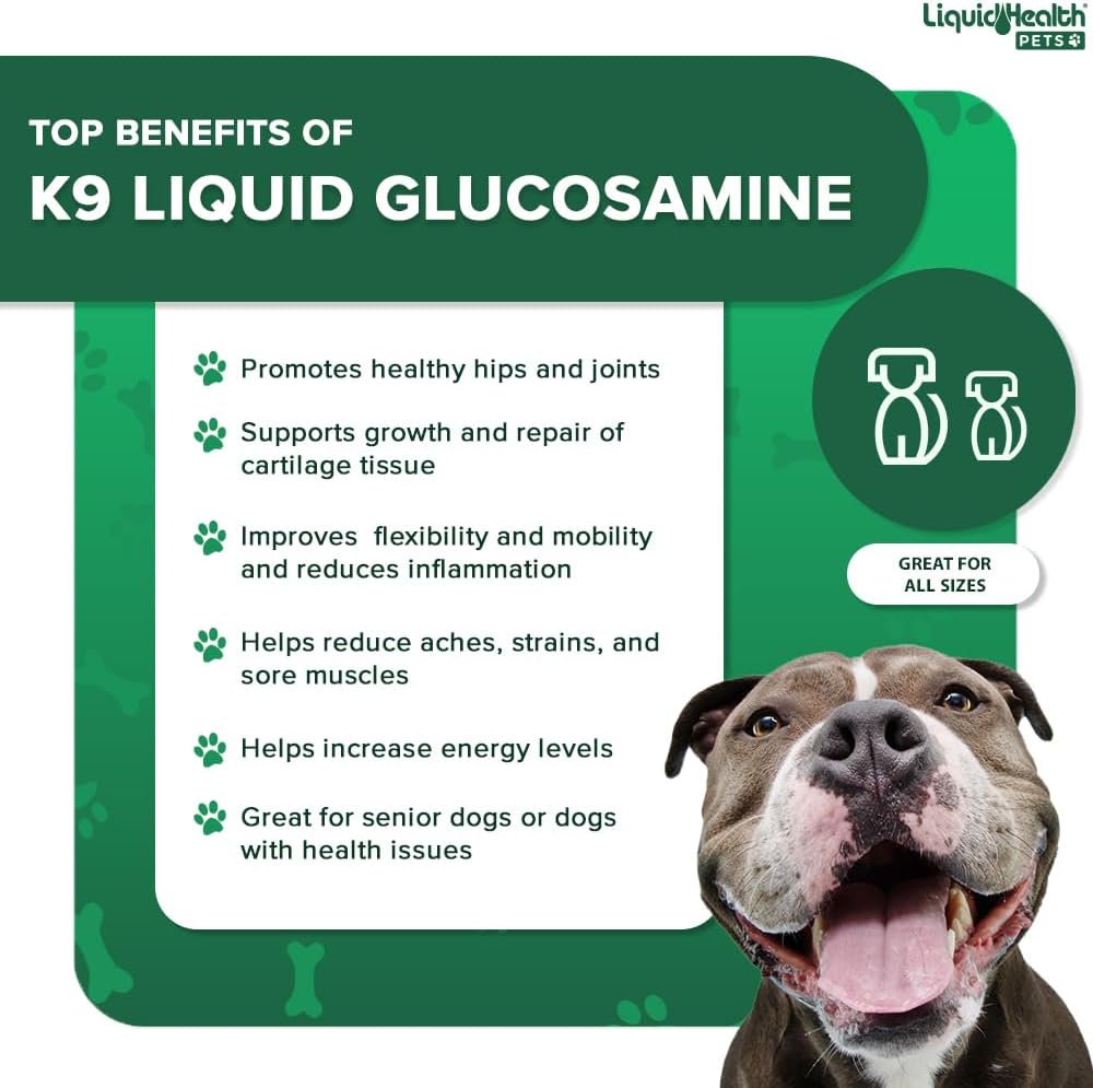 liquidhealth pets k9 liquid glucosamine for dogs, puppies, side view
