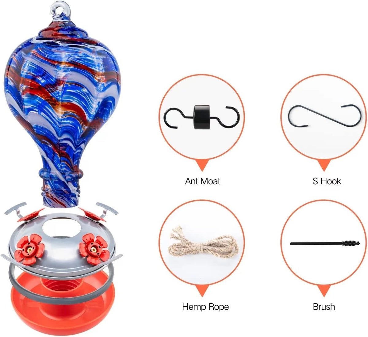 muse garden 32oz hummingbird feeders blown glass hummingbird, close-up detail