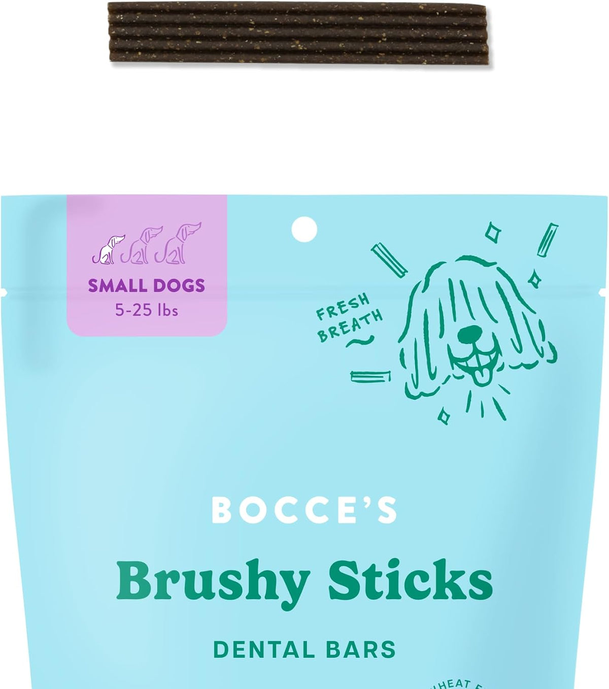 bocce's bakery brushy sticks dog dental treats, small shown in use