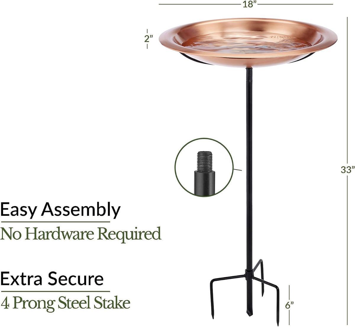 good directions matte copper bird bath on garden, side view