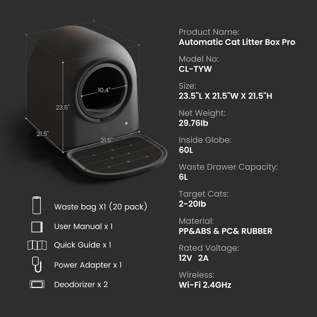 abrct l2 automatic self cleaning litter box smart showing dimensions
