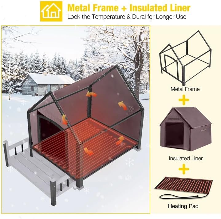heated dog house with insulated liner, waterproof dog shown in use