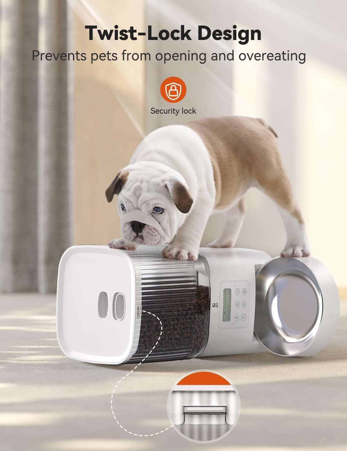 automatic cat feeders, dog feeder with stainless steel, close-up detail
