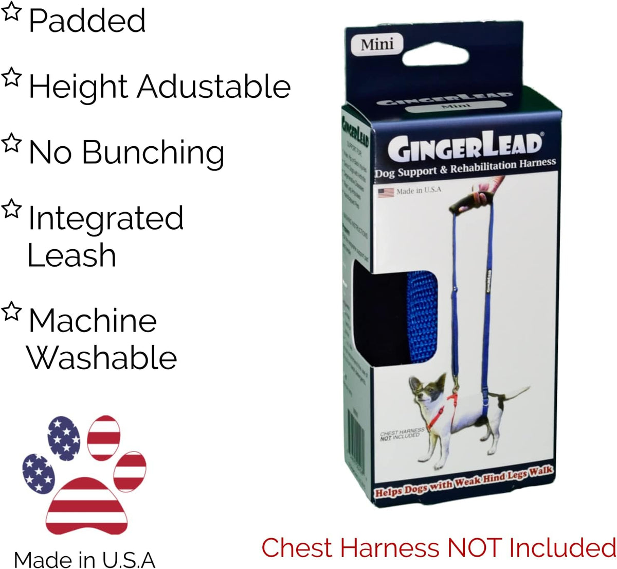 gingerlead® dog back support ivdd sling harness, x-small, side view