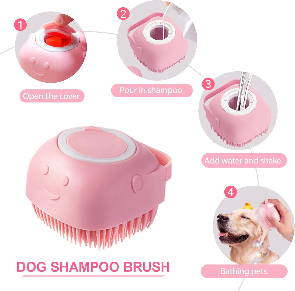 pink dog washing kit with brush, scrubber, gloves, close-up detail