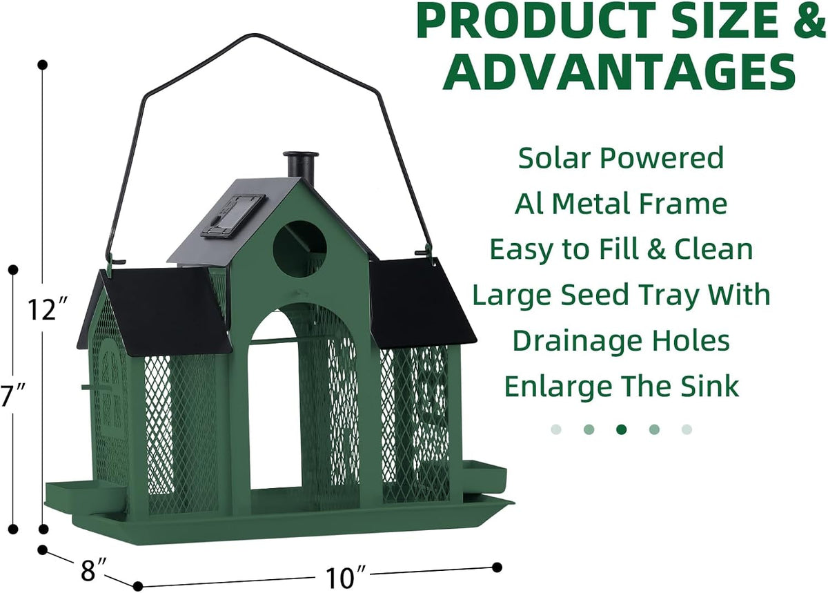 solar bird feeder house for outside hanging, large showing dimensions