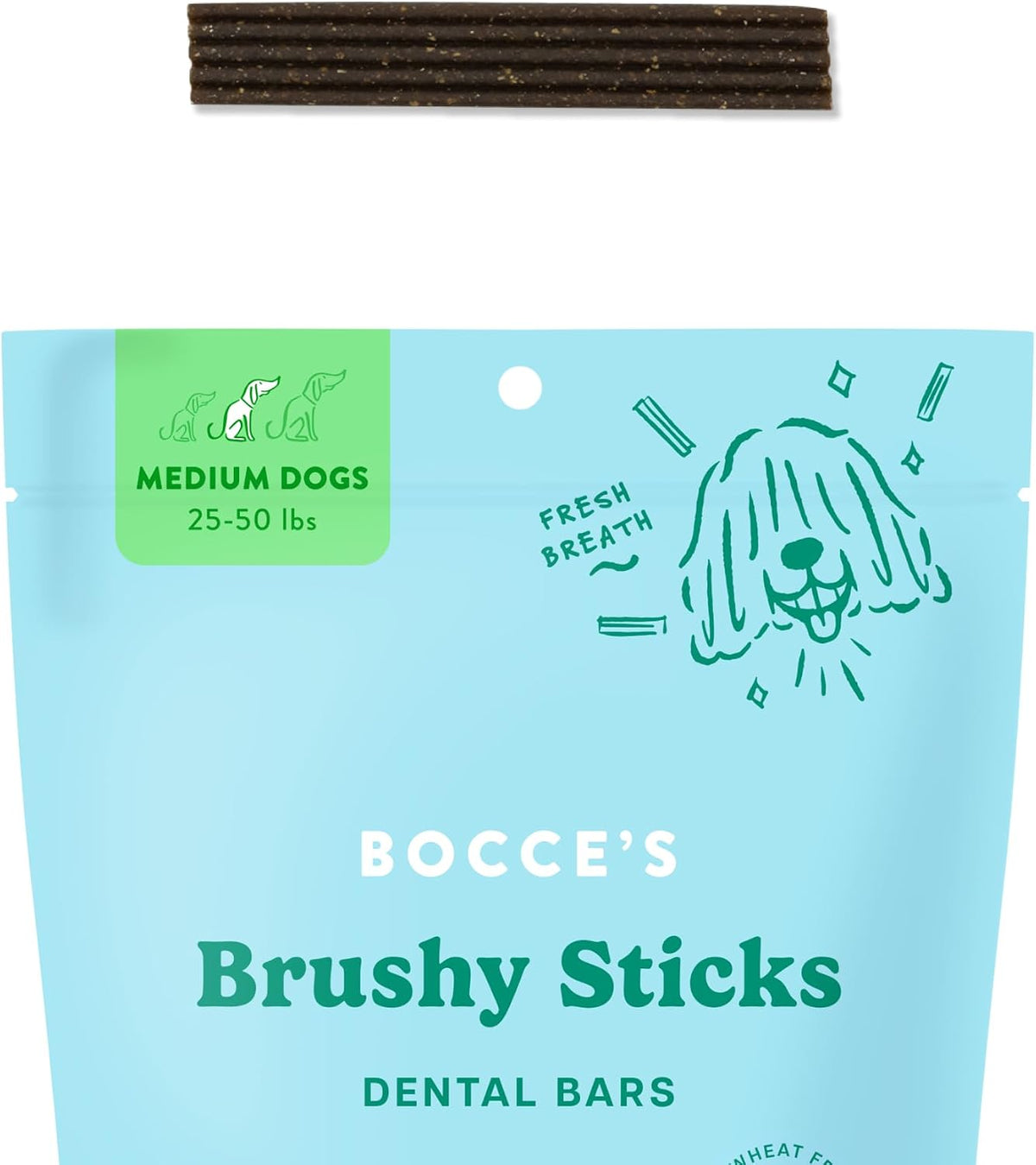 bocce's bakery brushy sticks dog dental treats, medium shown in use