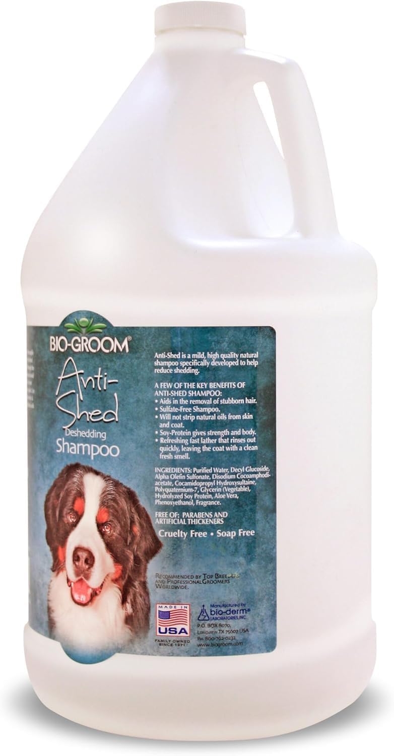 bio-groom anti-shed deshedding dog shampoo, odor eliminating, 1 shown in use