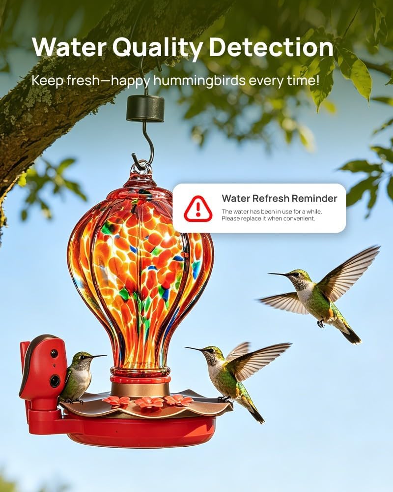 smart hummingbird feeder with camera for outdoors, hand, close-up detail