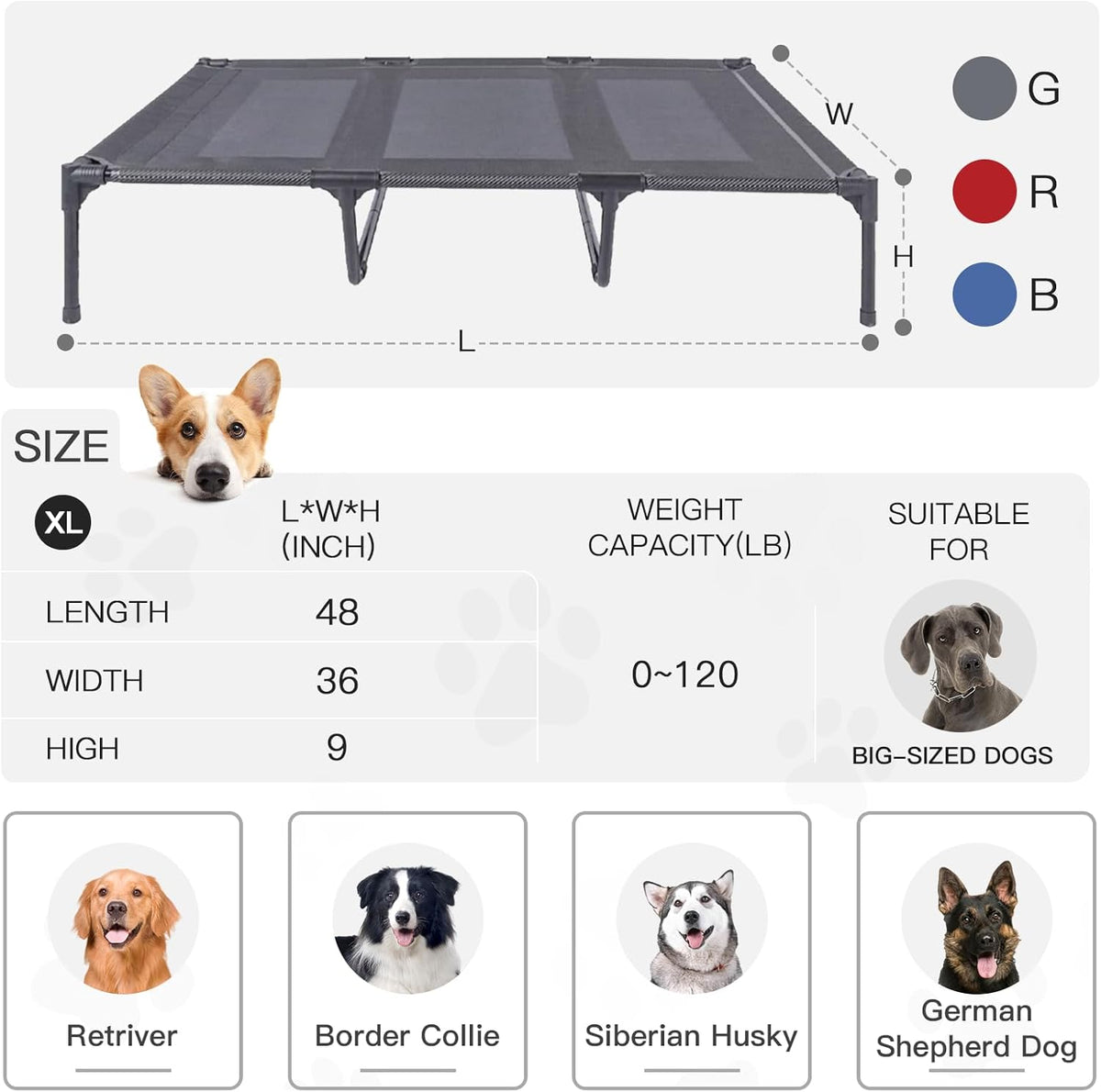 suddus elevated dog bed for large dogs 120lb showing dimensions