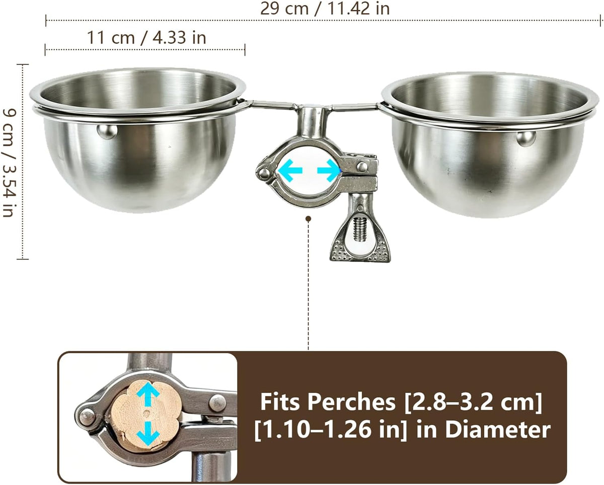 anti-tip stainless steel parrot feeding cups locking clip shown in use
