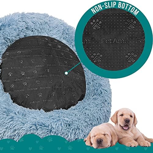petami calming donut dog bed, washable faux fur showing dimensions