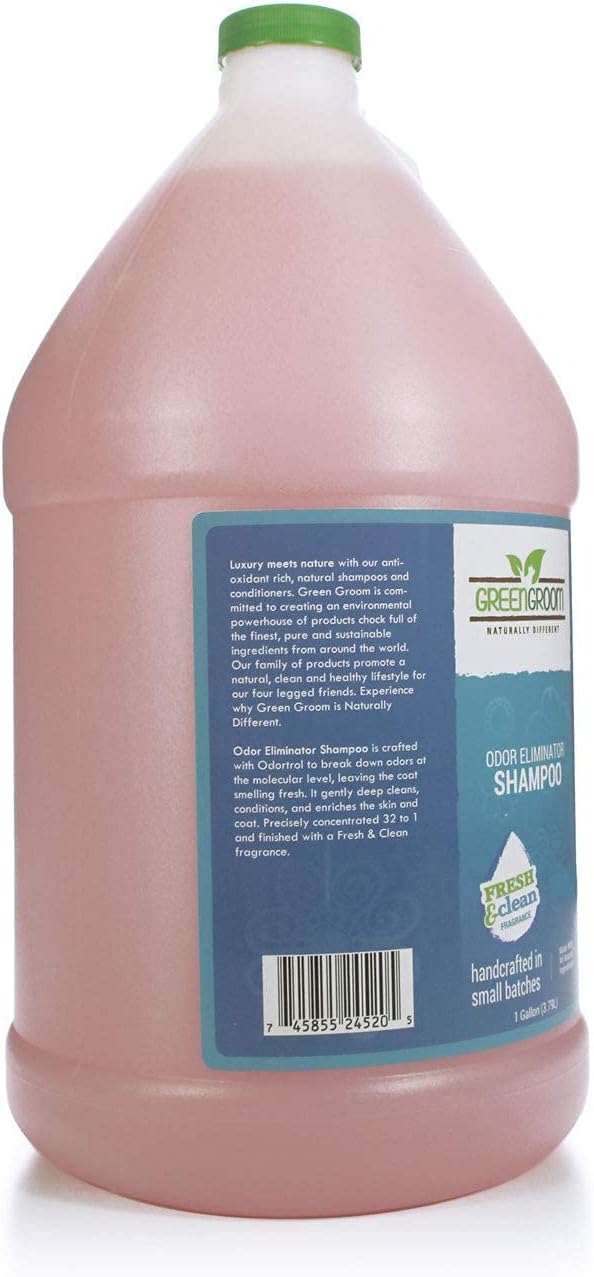 green groom odor eliminator shampoo and green groom, close-up detail