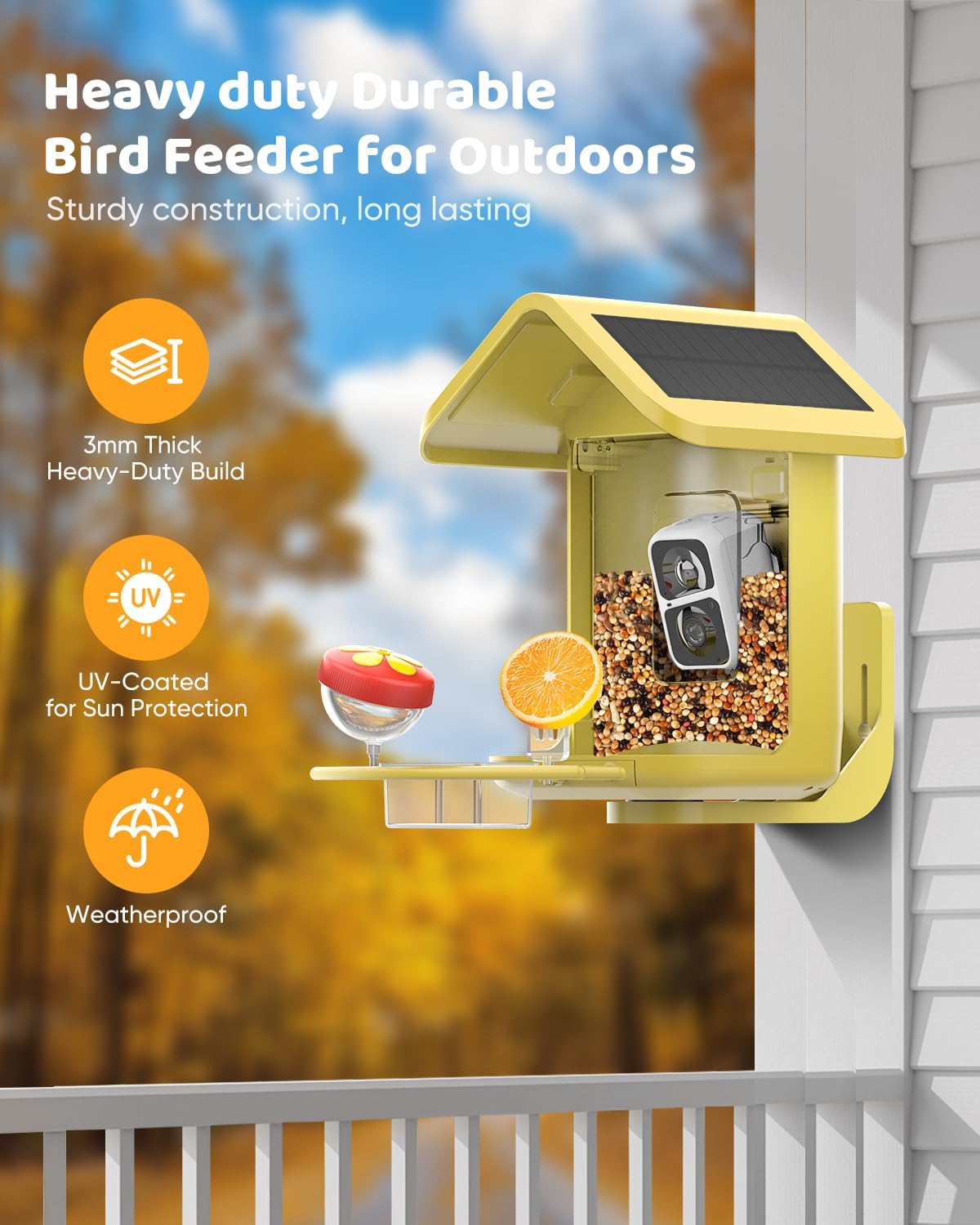 smart bird feeder with camera solar powered, 2k showing dimensions
