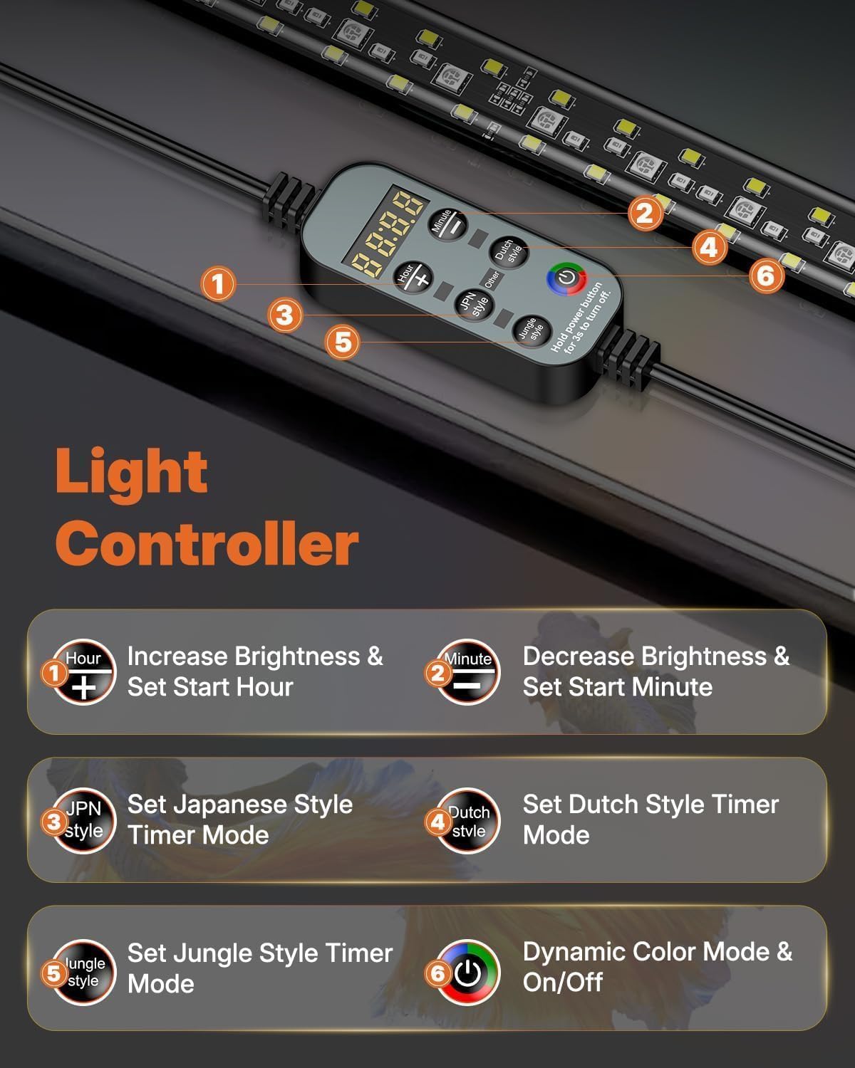 pawfly aquarium light with bluetooth for plants, 8w showing dimensions