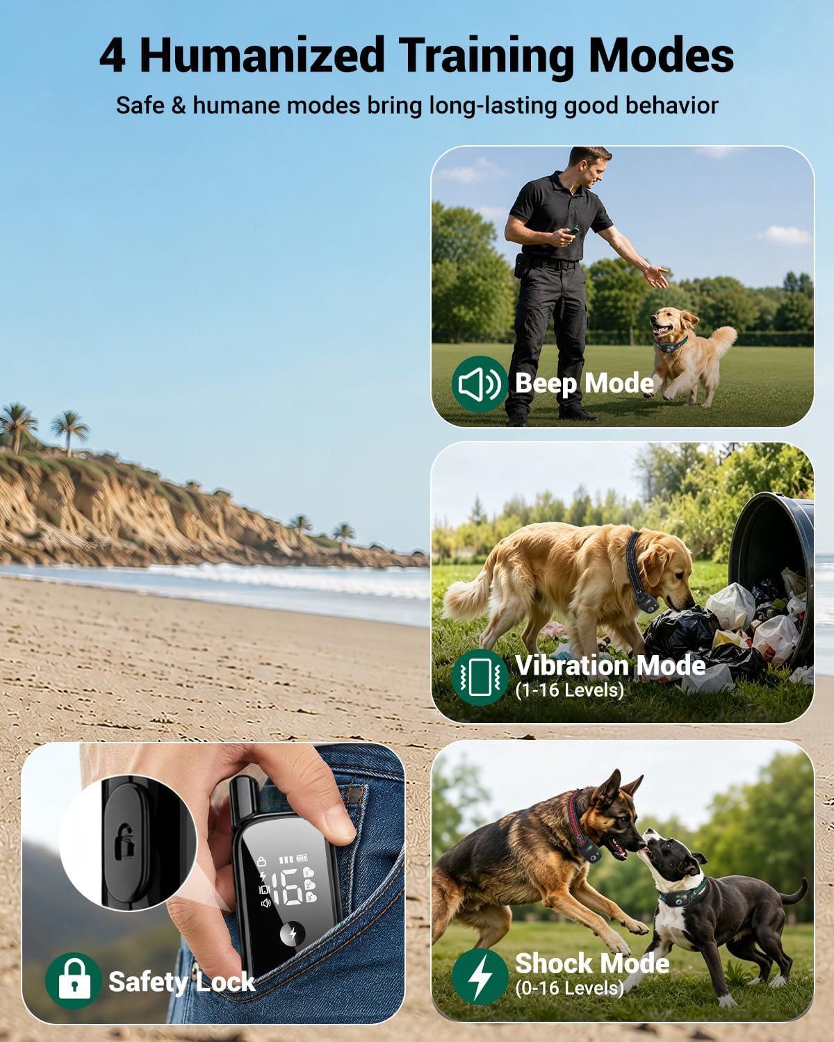 dog shock collar for 3 dogs (5-120lbs), up shown in use