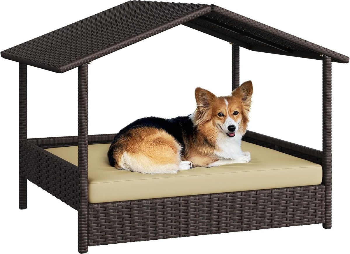 yaheetech wicker dog house outdoor indoor with canopy, main product view