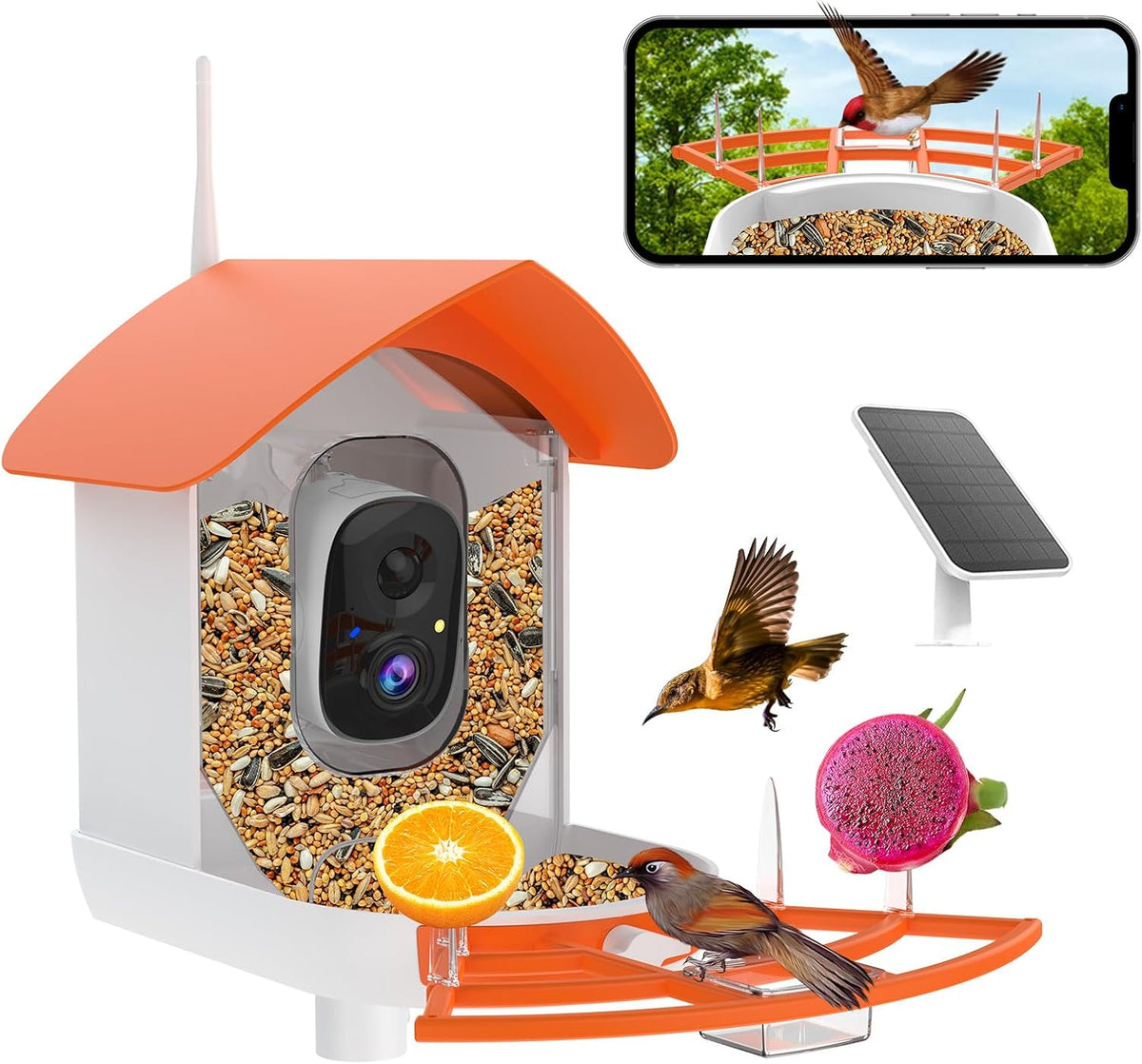 fazoxo bird feeder with camera,birds house camera,solar powered,orange, main product view