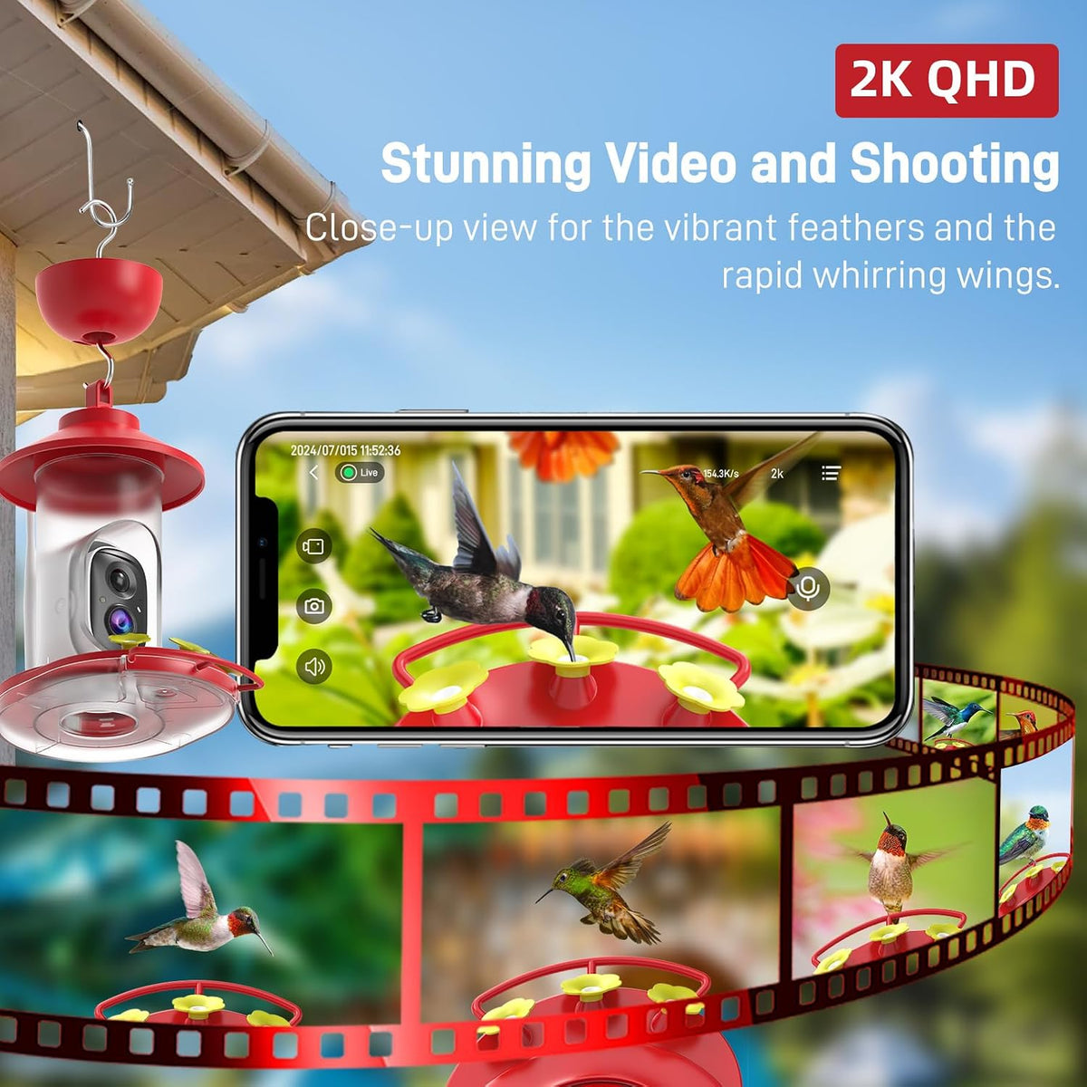 soliom hummingbird feeder with camera, 2k smart ai shown in use
