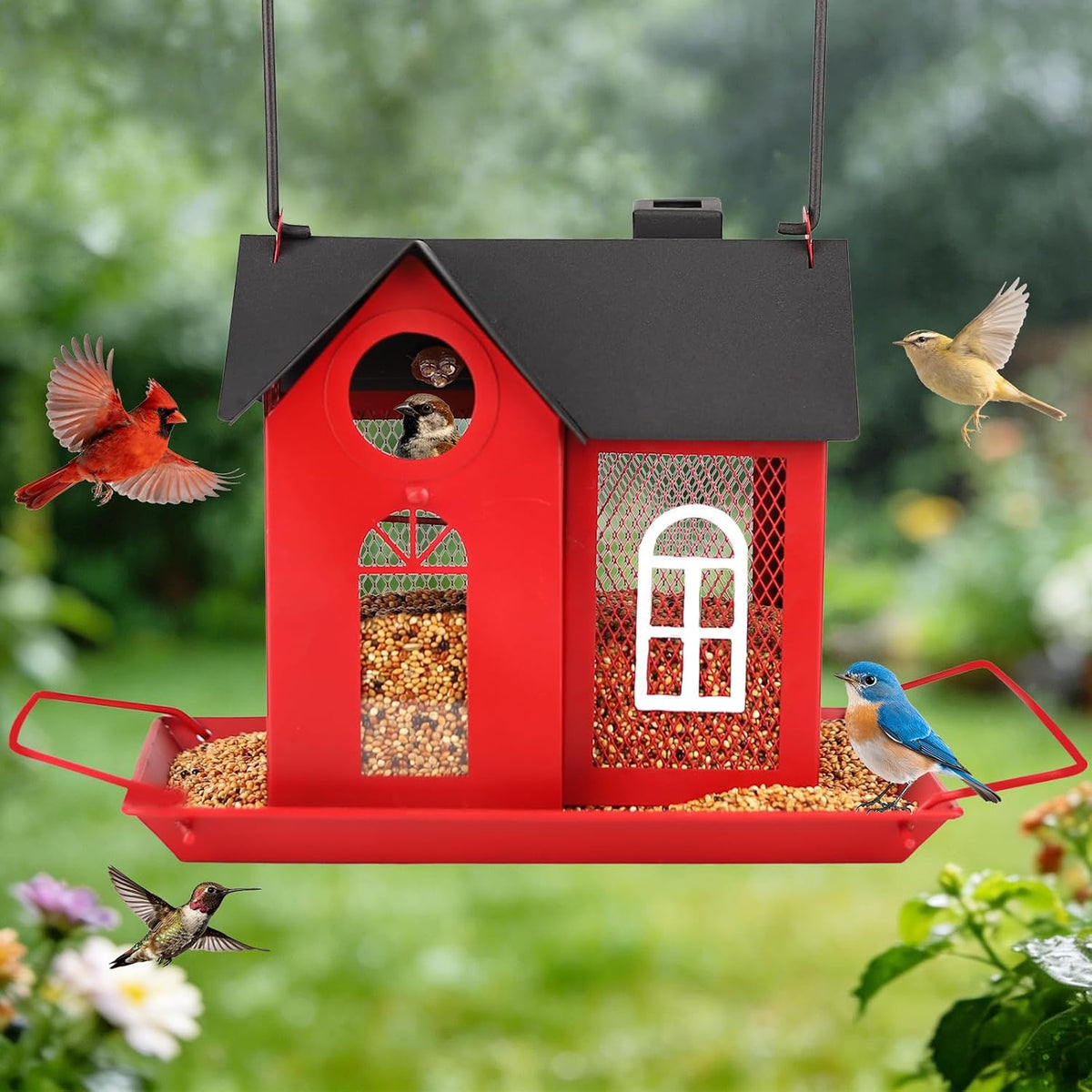 solar bird feeder for outdoors - red metal, main product view