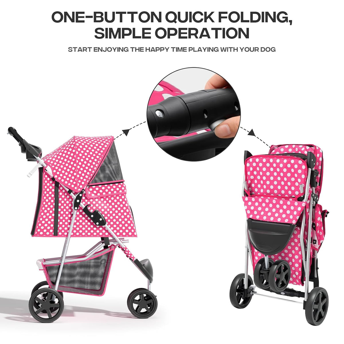 foldable 3-wheel pet stroller for dogs & cats, front angle view