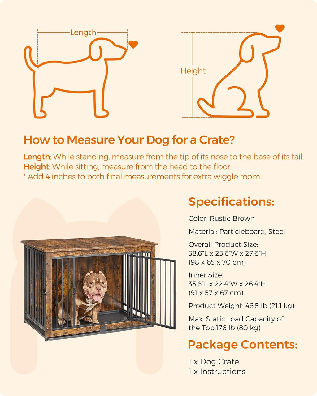 feandrea 38" dog crate furniture, heavy-duty dog kennel, front angle view