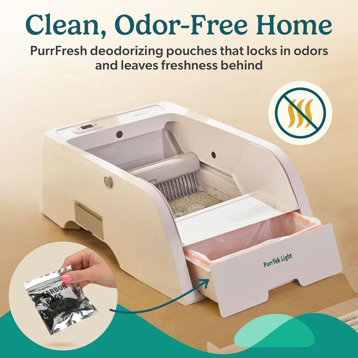 petcove purrtek light open top automatic litter box, close-up detail