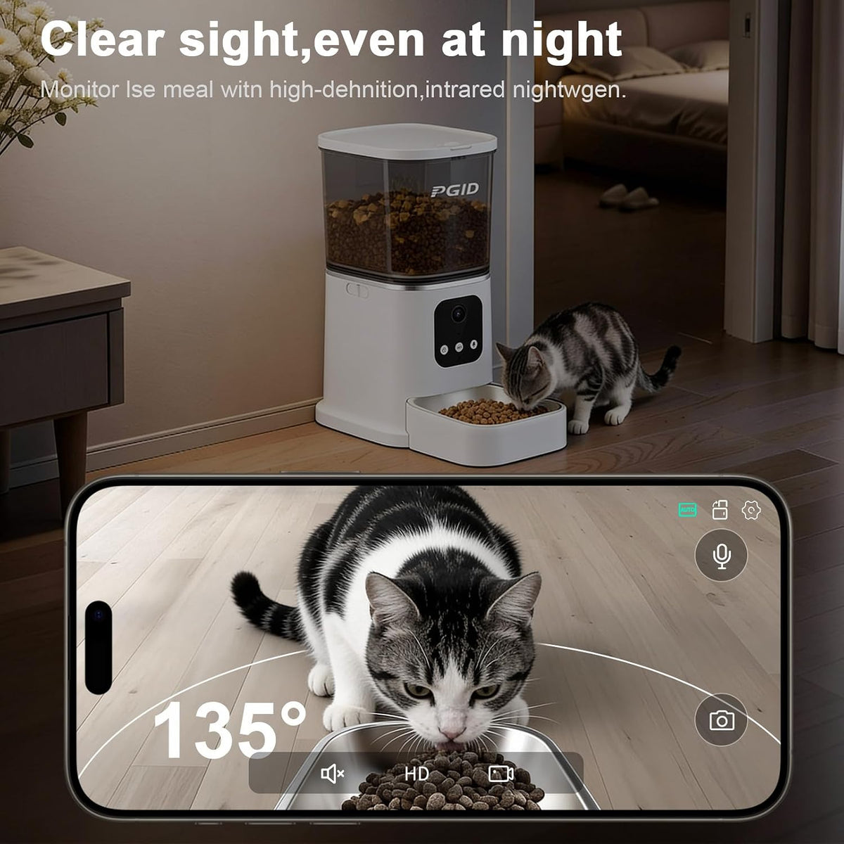 automatic cat feeder with 4k camera,2.4g auto dog, side view