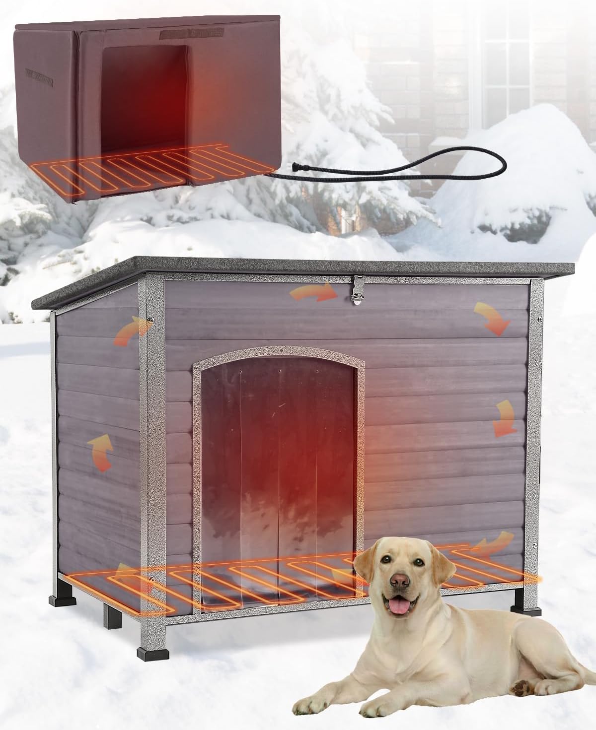 heated dog house for outside with heating pad, main product view