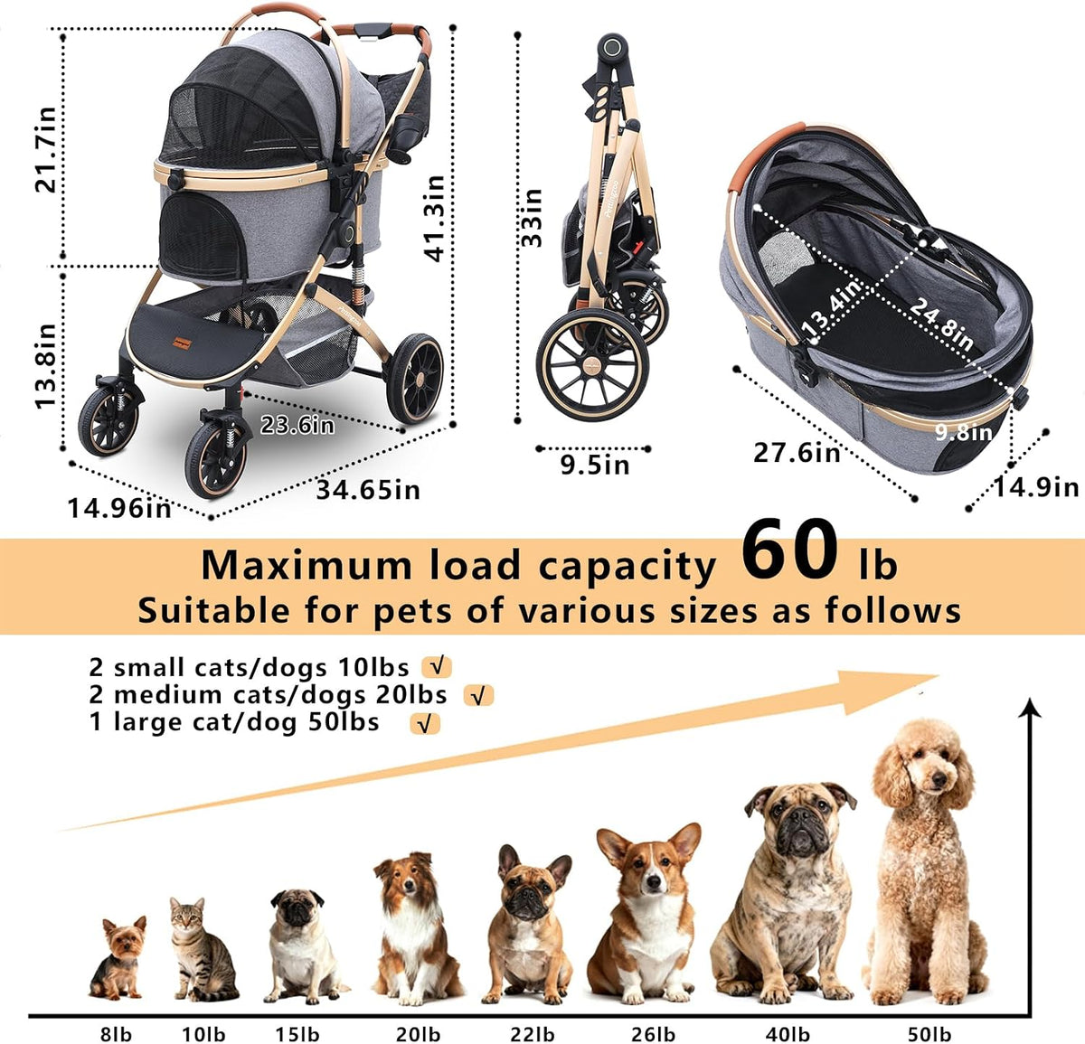 pettingzoo dog stroller, aluminum frame, removable carrier, 60, package contents