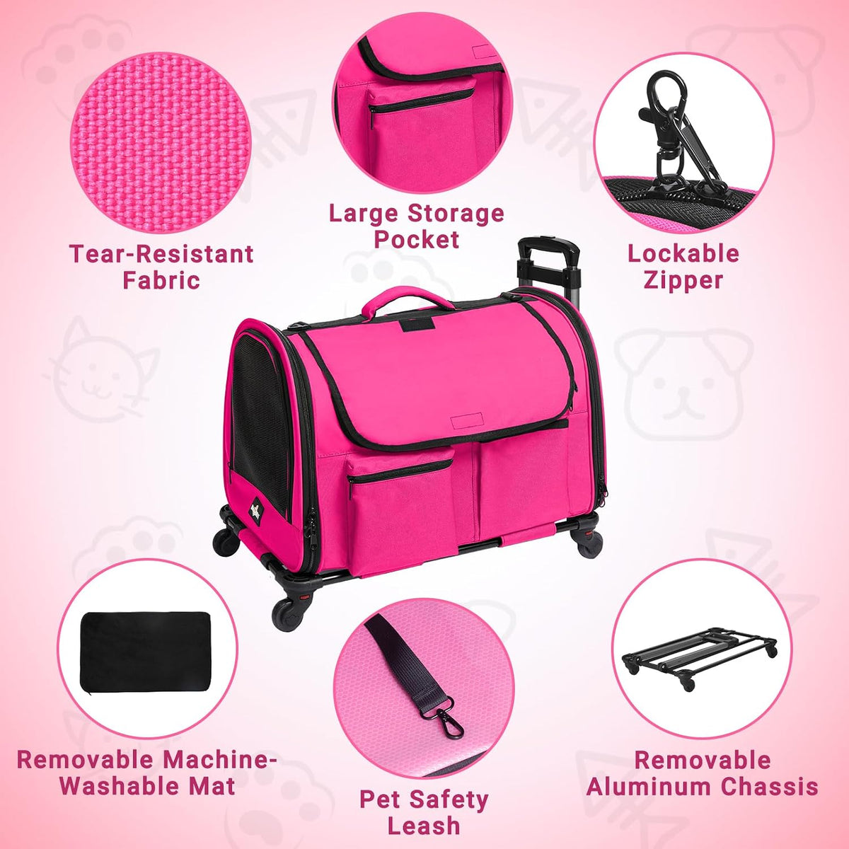 large pet carrier with wheels, foldable rolling dog, close-up detail
