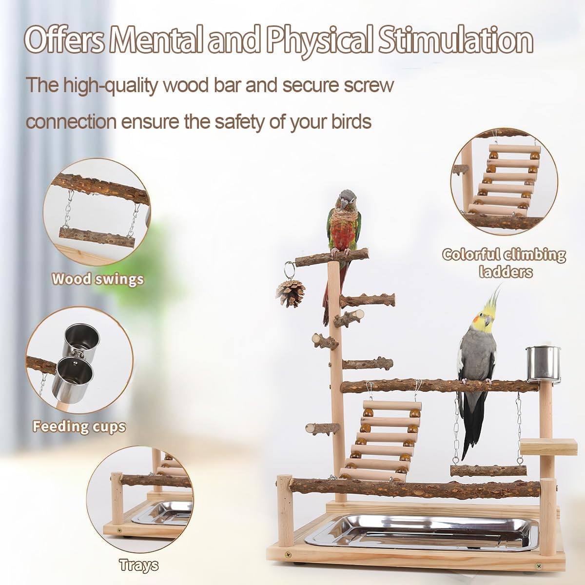 bird playground, parrot perch stand, natural wood bird, side view