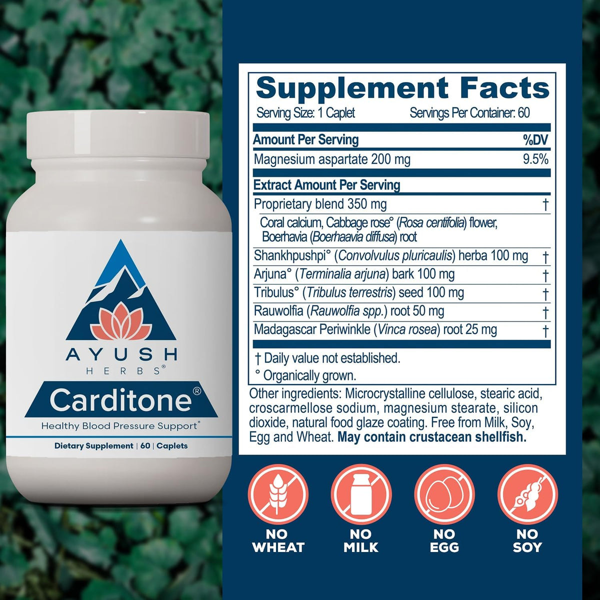 ayush herbs carditone, bp formula, arjuna, calcium, 120, close-up detail
