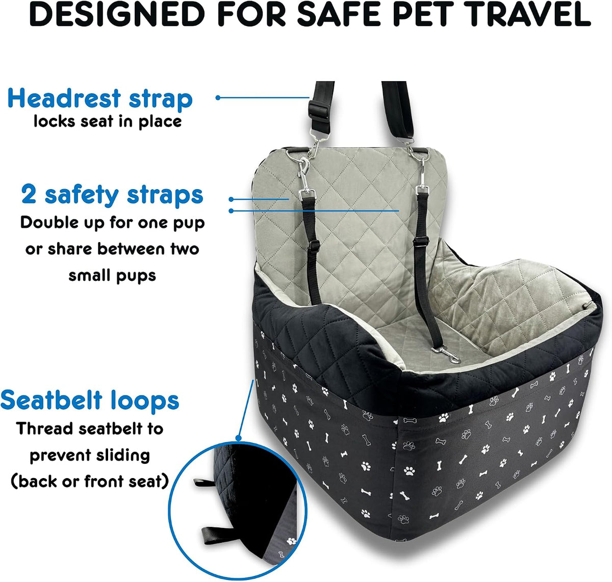 otterpets small dog car seat, memory foam booster showing dimensions