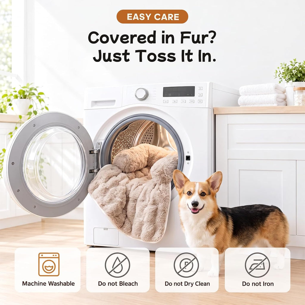 calming dog bed mat, fluffy plush couch cover on a desk or shelf