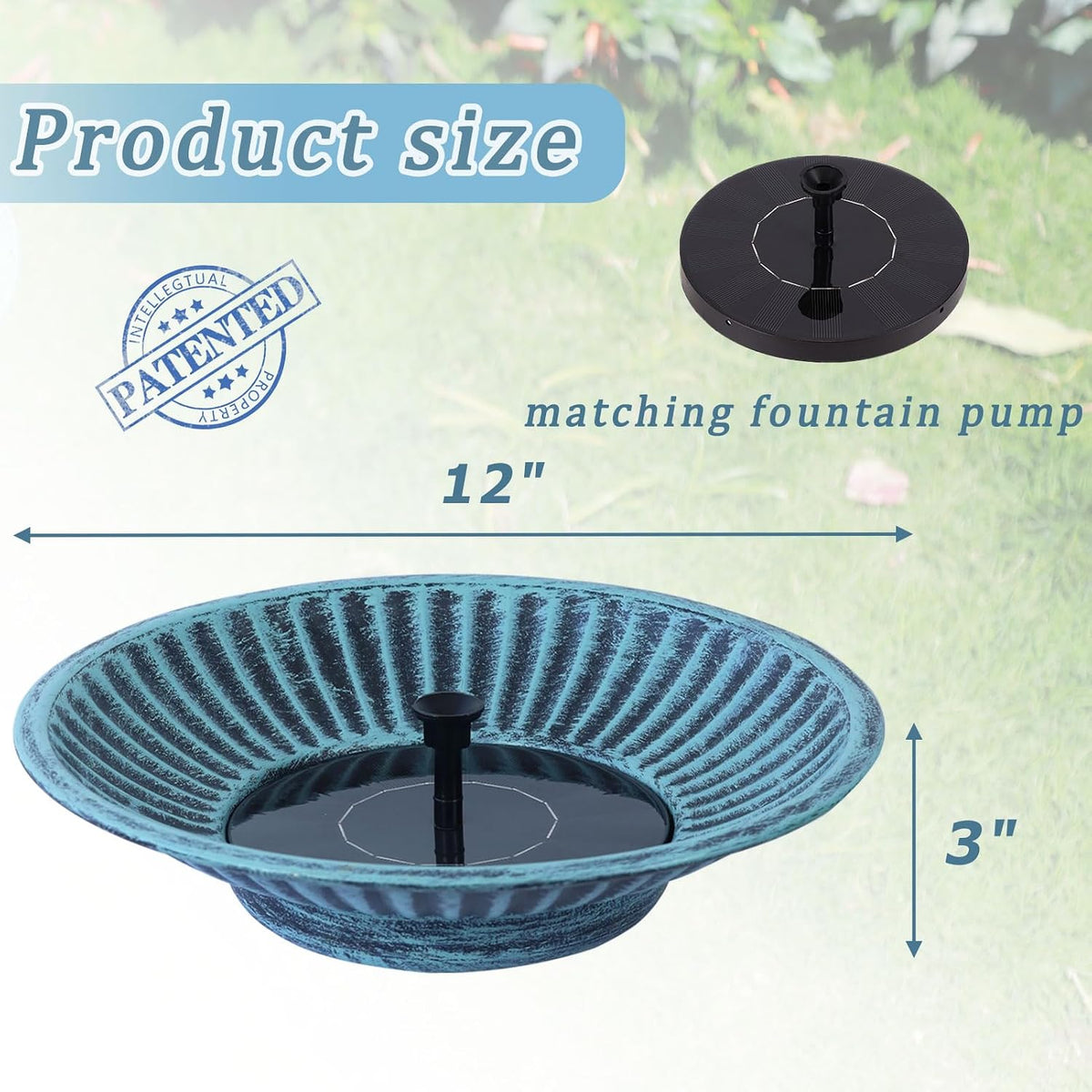 12.3" solar bird bath bowl,metal solar bird bath, close-up detail