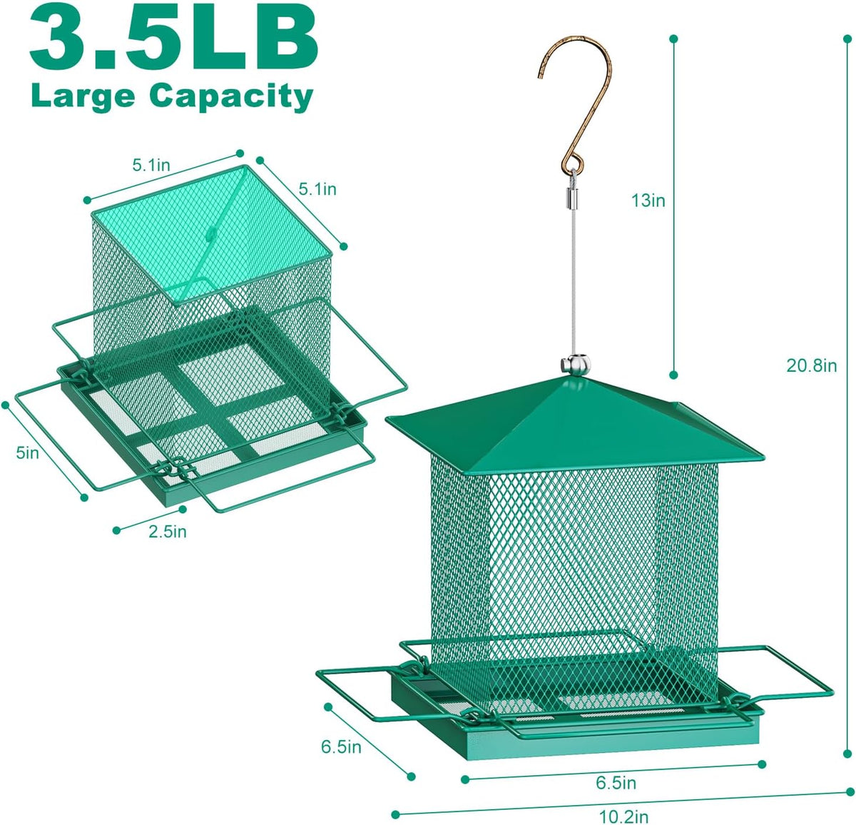 hosun 100% metal hanging wild bird feeder, bird showing dimensions